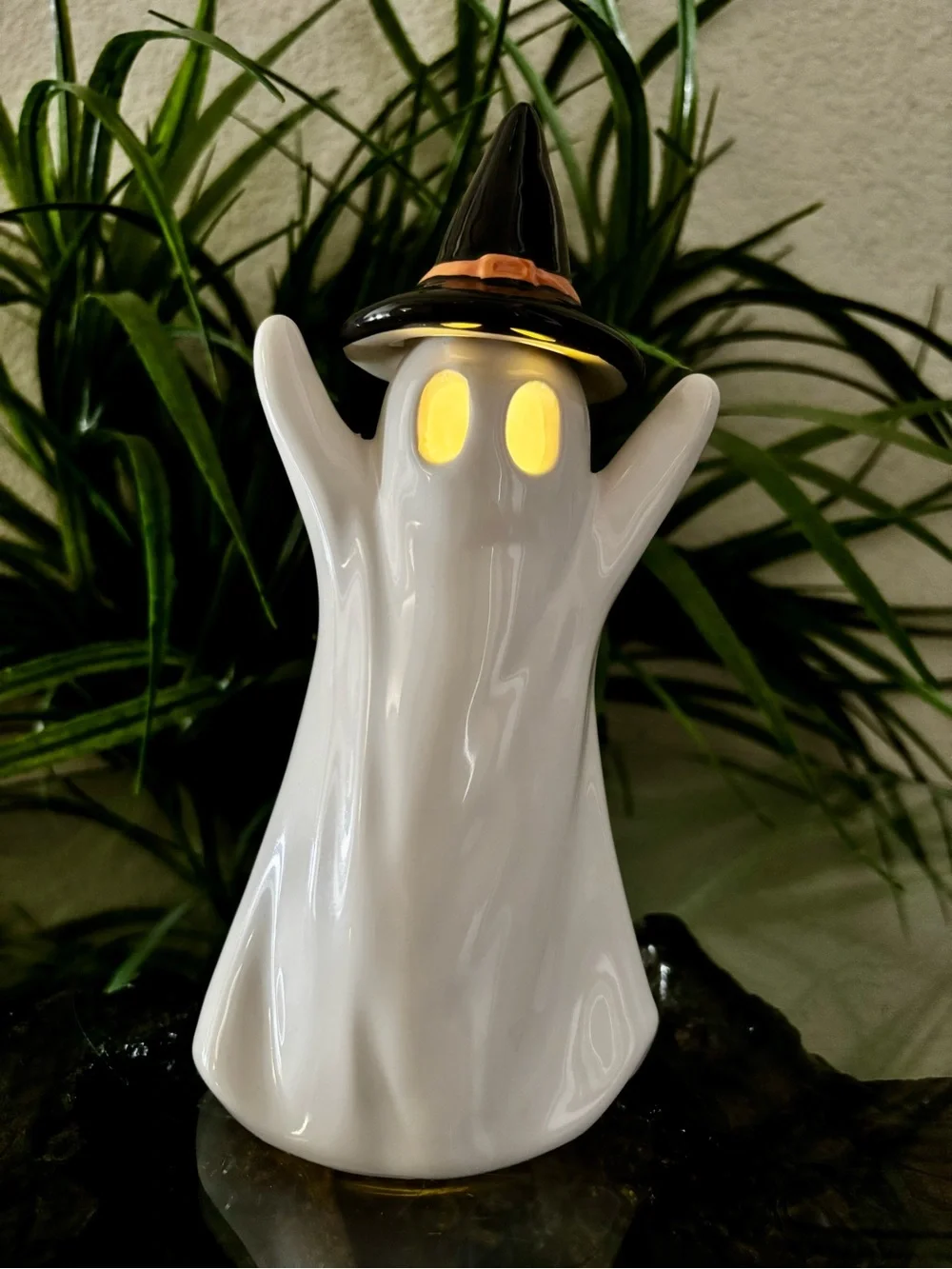 Ceramic White LED Ghost Night Light/Home Accent With Black Witch Hat